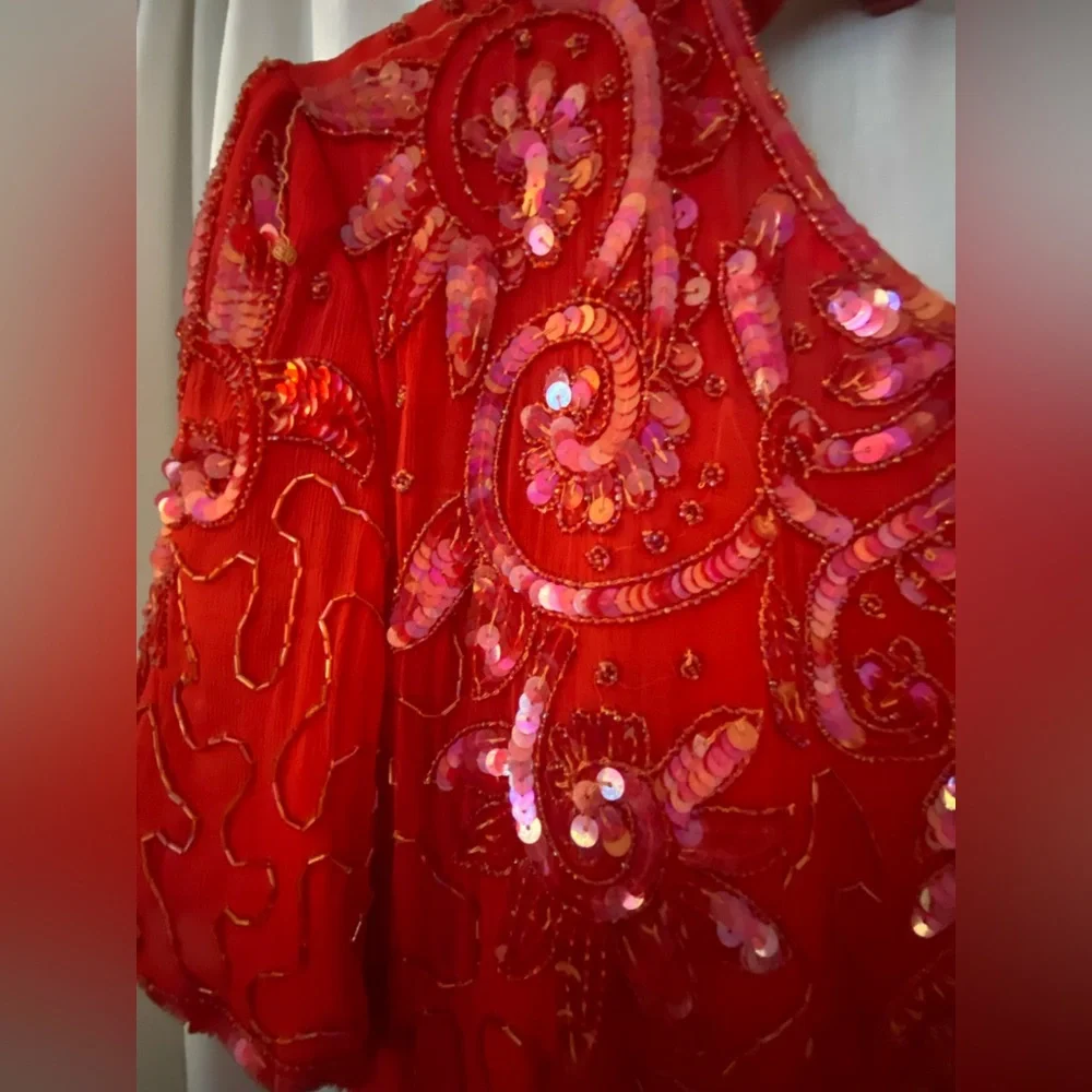 Beaded Red 80’s style Dress with Shoulder Pads Silky Nights New York - Picture 3 of 13